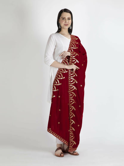 Embroidered Velvet Shawl Dupatta(Red) - HalfPe