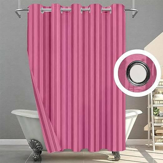 Lushomes shower curtain, Striped Pink bathroom curtains, Polyester waterproof 6x6.5 ft with Metal 10 Eyelets, non-PVC, Non-Plastic, For Washroom, Balcony for Rain(Size: 6 ft W x 6.5 Ft ) - HalfPe