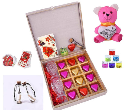 MANTOUSS Valentines day gift for boyfriend/girlfriend/Valentines day gift hamper-Red decorated box filled with chocolates+2 shot glasses+glass candle+valentines day greeting card+Love Message bottle+Cute teddy bear - HalfPe