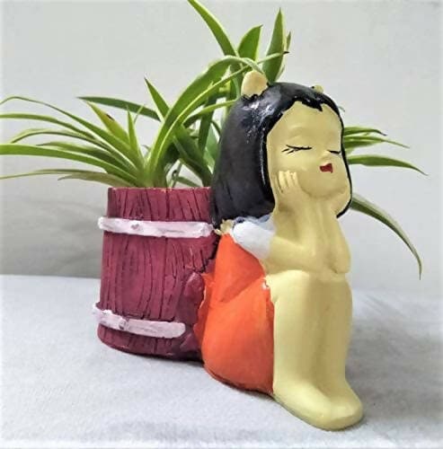 HC VILLA Resin Beautiful Handmade Nature Friendly and Peaceful Cute Dreaming Fairy Girl with Succulent Basket Planter Pot - HalfPe