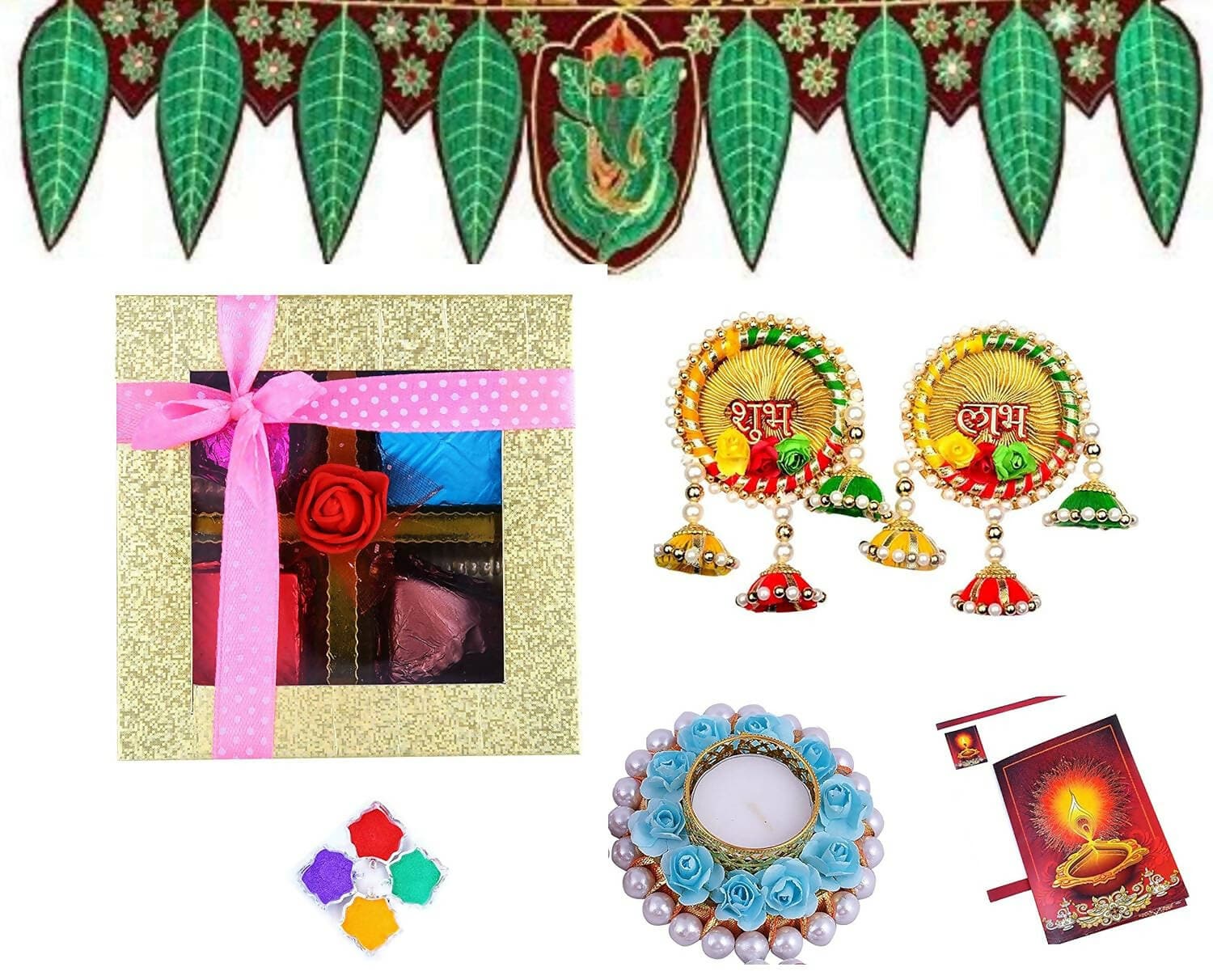 MANTOUSS Diwali Gift Hamper/Diwali gift pack-Handmade chocolate Box+Beautiful Ganesha Toran+Pair of Handmade shubh labh side room hanging+flower candle tealight holder+4 rangoli colours+ greeting card - HalfPe