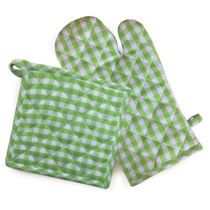 Lushomes oven gloves pot holder Combo, Green Small Checks microwave gloves & pot holder for kitchen, oven mitts - HalfPe