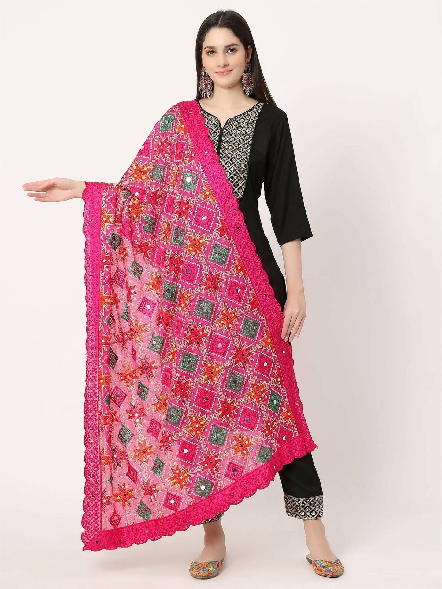 Magenta Multicolour Embroidery Phulkari Dupatta with Mirror Work - HalfPe