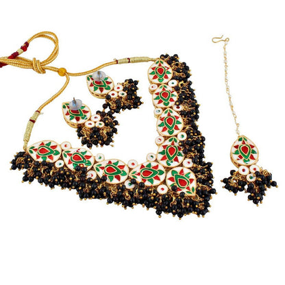 LUCKY JEWELLERY Back Meenakari 18k Gold Plated Black Color Tika Earring Combo Uncut Big Faux Kundan Choker Necklace set - HalfPe