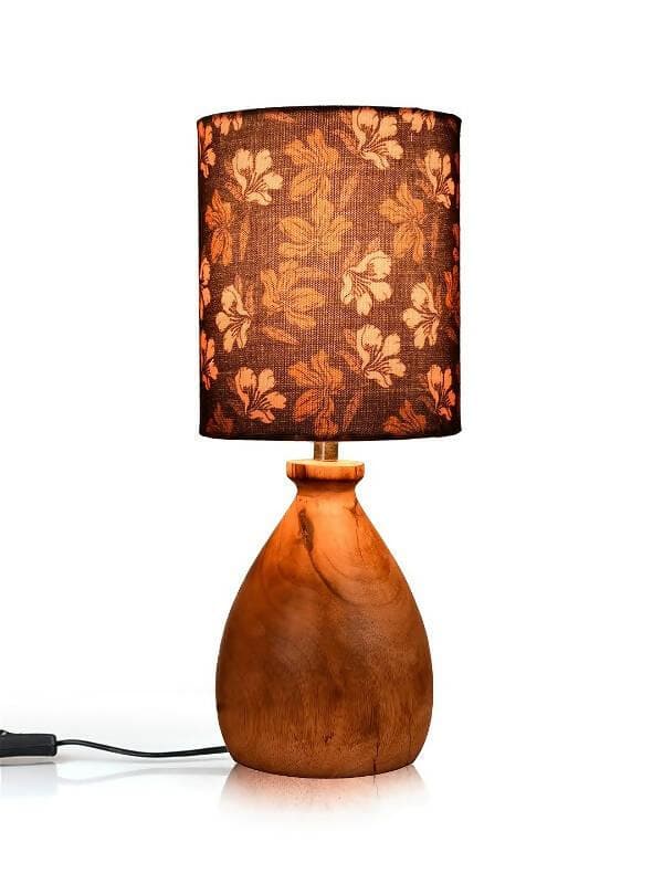 Wooden Dome Table Lamp Black Floral Shade - HalfPe