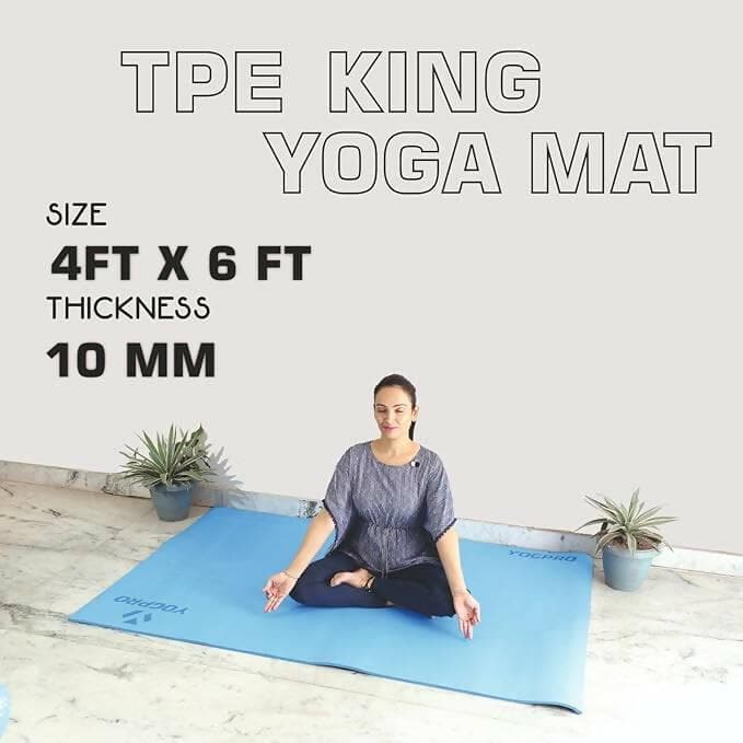 Yogpro TPE King Size Yoga Mat Premium Super Soft Anti Skid and non toxic 10 mm (4 x 6 Ft, Blue) - HalfPe