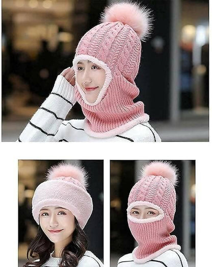 Women and Girls Warm Winter Knitted Hats Add Fur Lined (Pink) - HalfPe