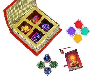 MANTOUSS Happy Diwali Premium Chocolate Box + 2 earthern Diya, Diwali Greeting Card and Rangoli Colours - HalfPe