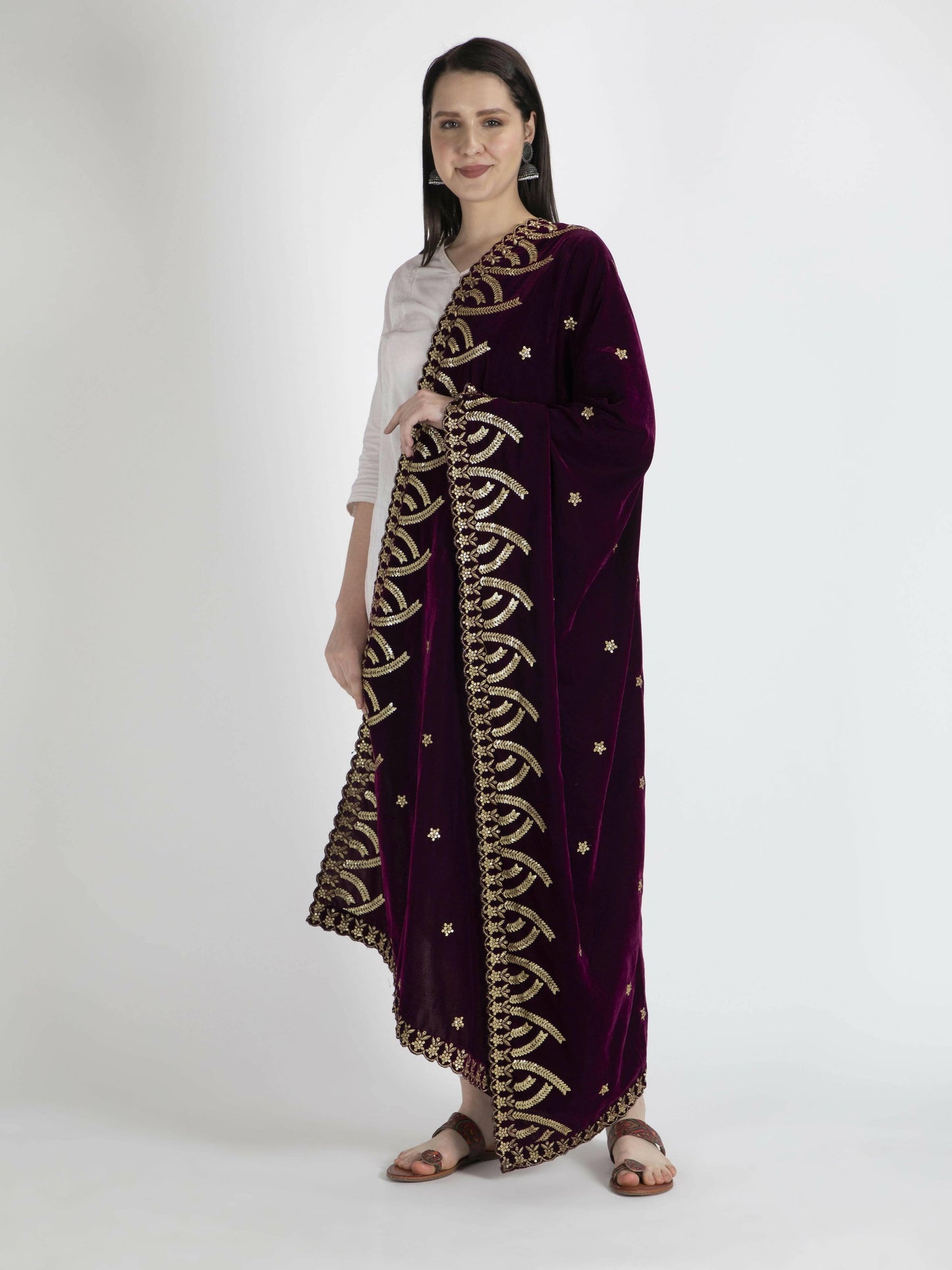 Embroidered Velvet Shawl Dupatta(Purple) - HalfPe