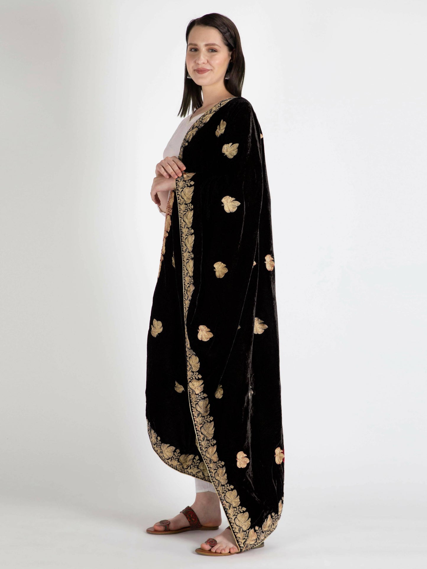 Velvet Embroidery Shawl Dupatta (Black) - HalfPe