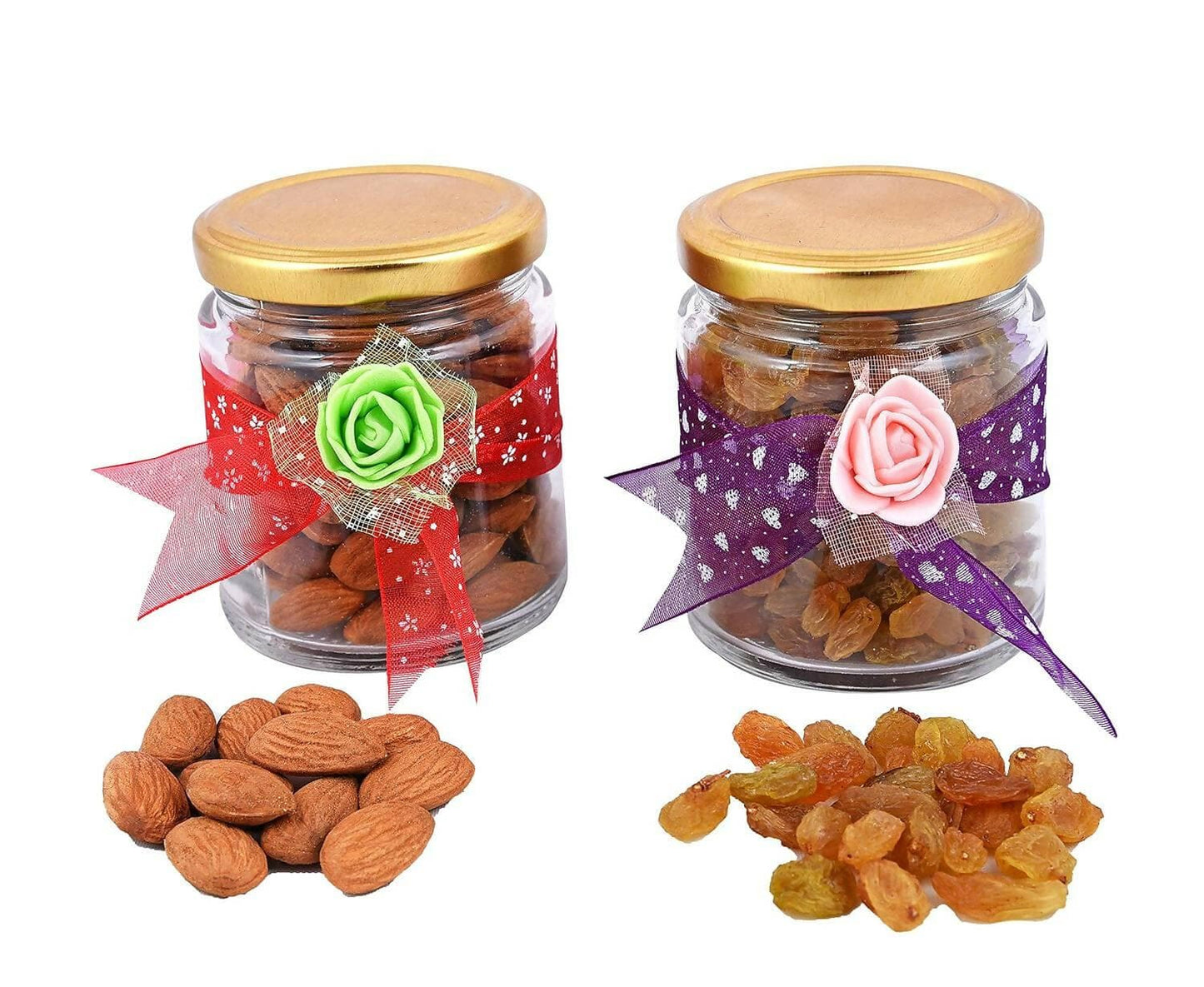 MANTOUSS Diwali Dry Fruit Decorative Glass Jar-Almond and Raisin(100gms Each),200 GMS + 2 Cute diyas, Rangoli Colours and Diwali Greeting - HalfPe