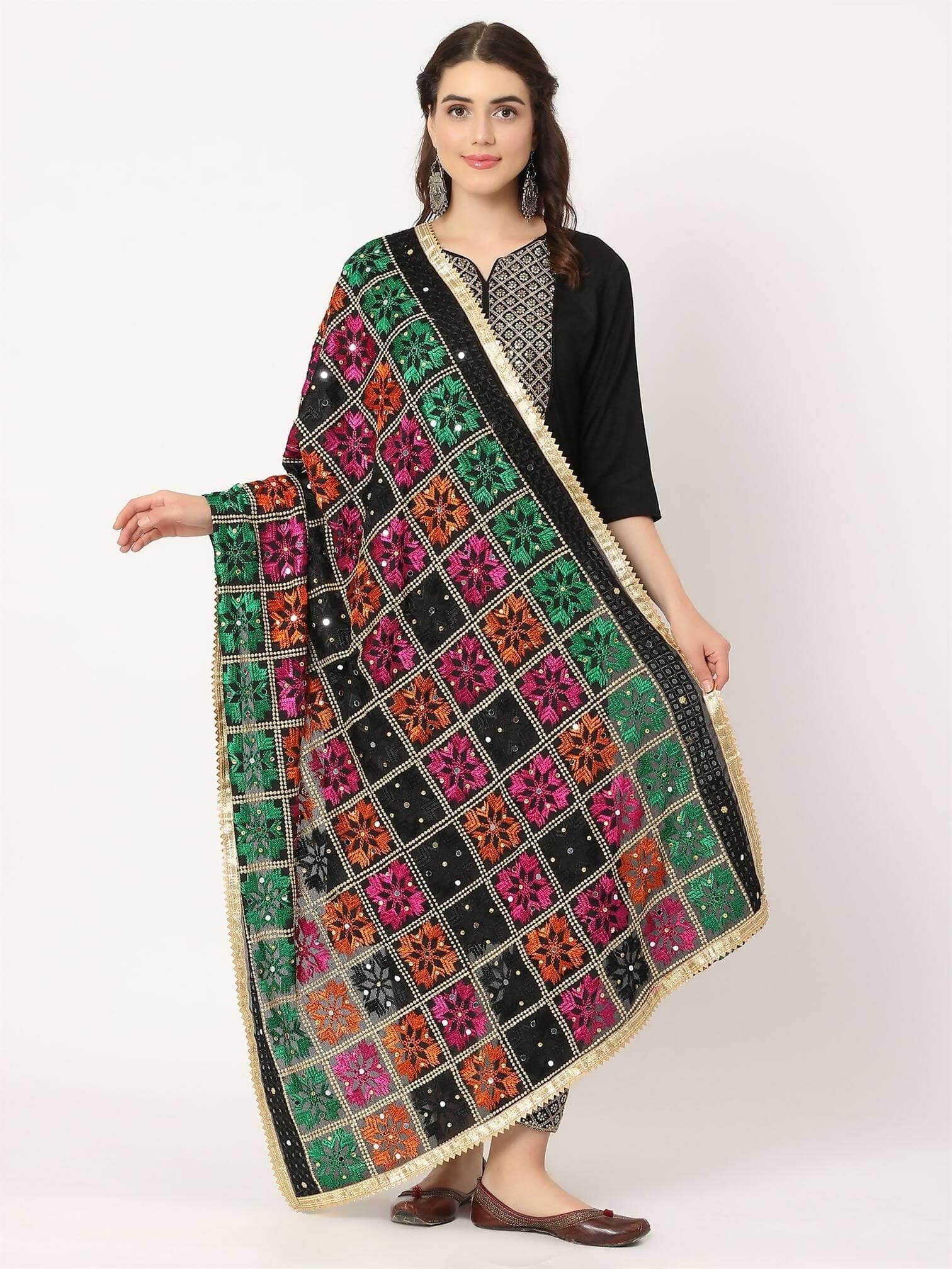 Black Multicolour Embroidery Phulkari Dupatta With Mirror Work - HalfPe