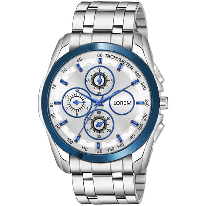 LOREM Blue & Silver Dummy Chronograph Metal Analog Watch For Men LR117 - HalfPe