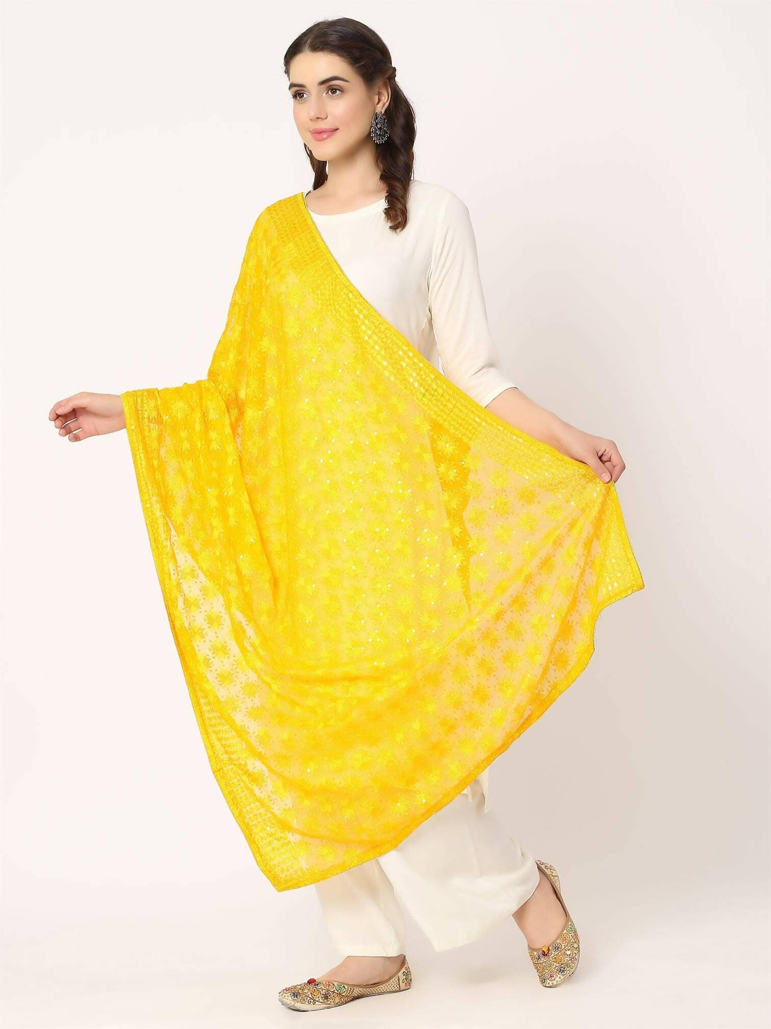 Yellow Sequined Phulkari Embroidery Dupatta - HalfPe