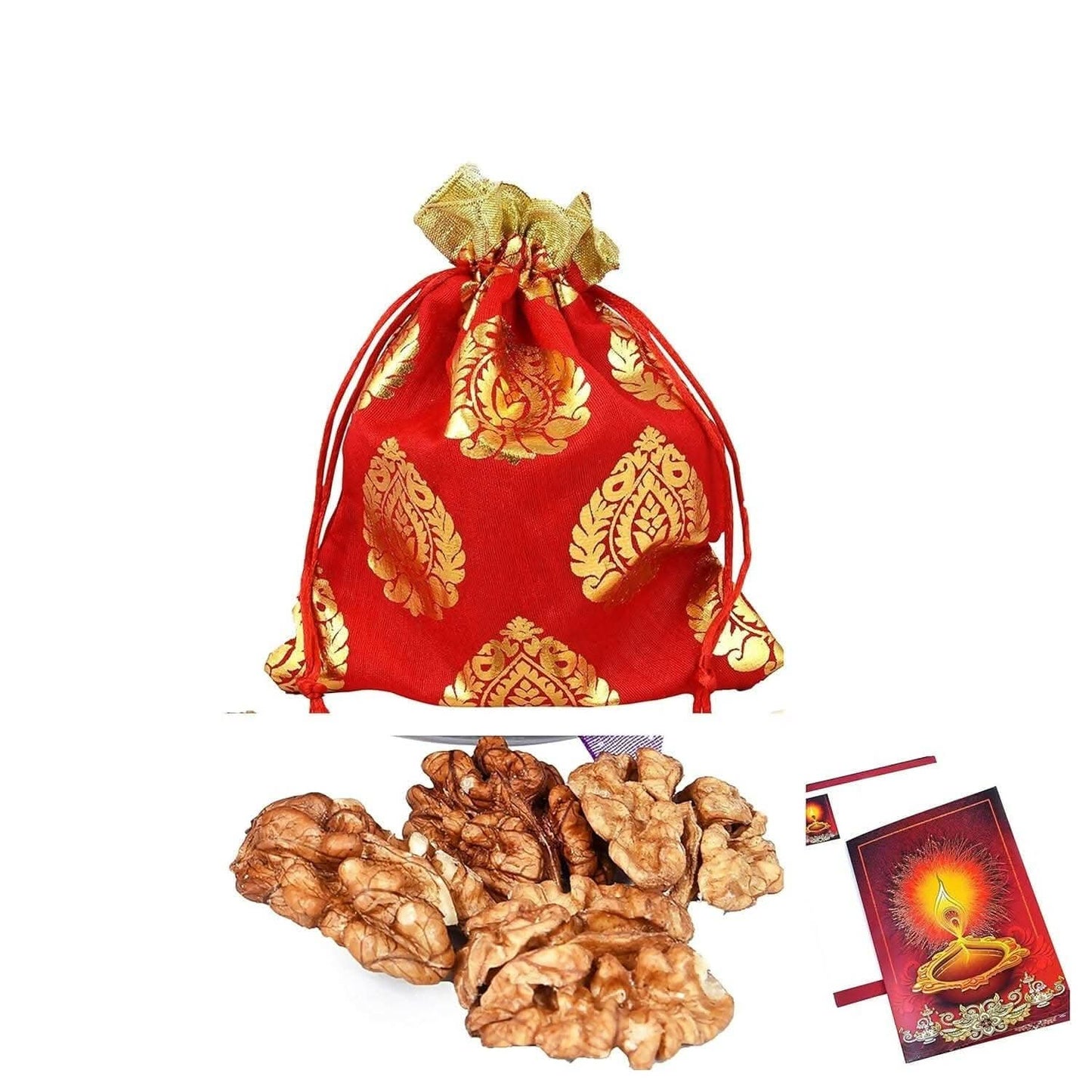 MANTOUSS Happy Diwali Dry Fruit Red Designer Potli-Walnut+ Diwali Greeting Card - HalfPe