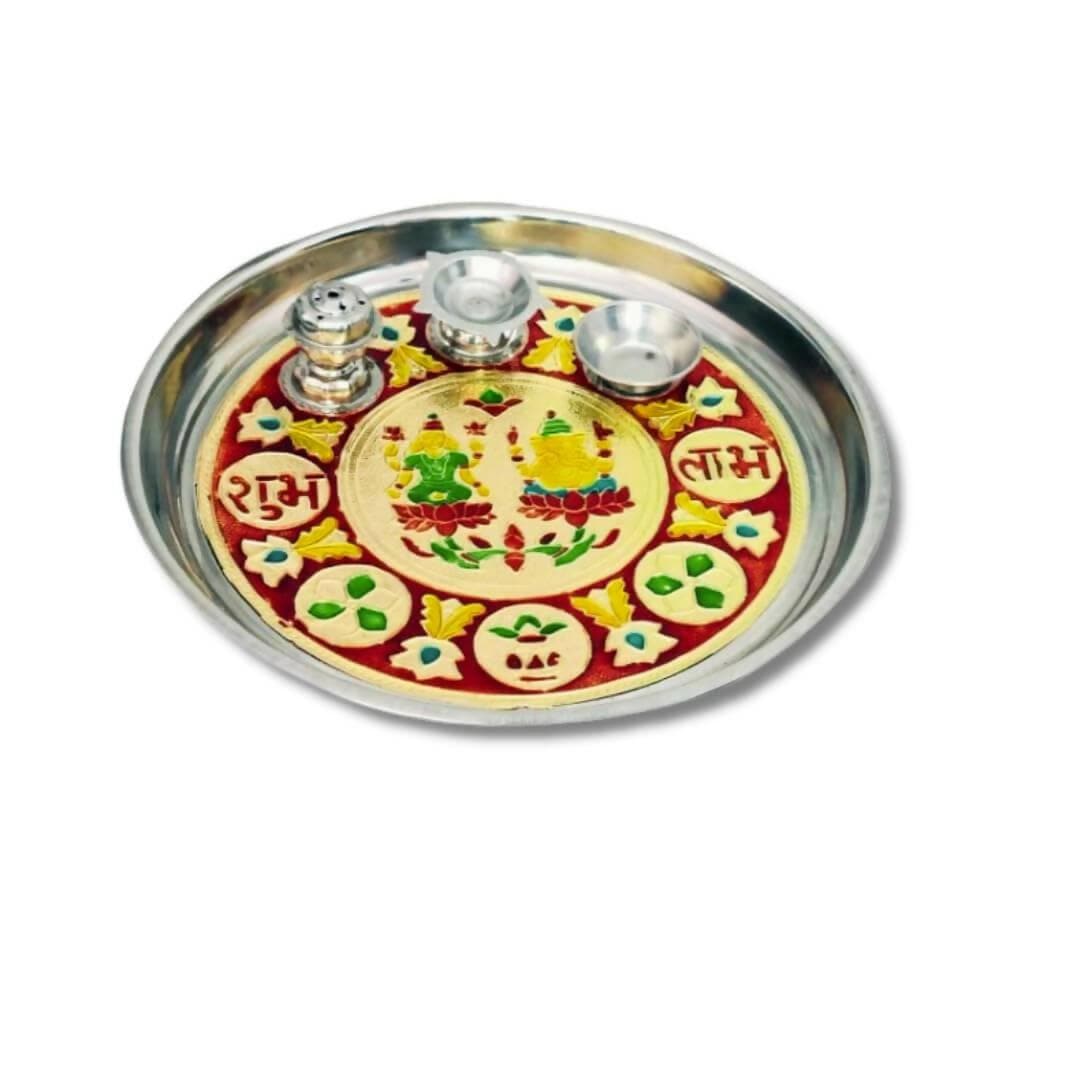 SHINI LIFESTYLE Stainless Steel Pooja thali with Printed laxmi ji & Ganesh ji - HalfPe