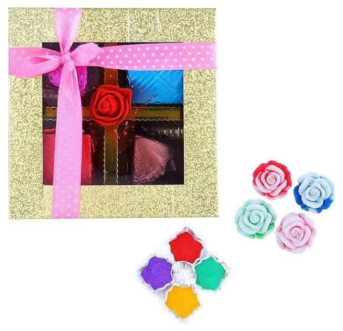 Mantouss Cute Diwali Chocolate Hamper+ 2 Floating Diya and Rangoli Colours - HalfPe