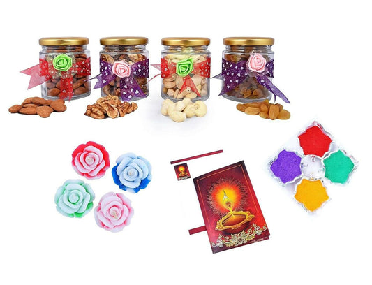 MANTOUSS Exclusive Diwali Dry Fruit Decorative Glass Jar-Cashew,Almond,Walnut and Raisin (100gms Each),400 GMS + 2 Floating Diya, Diwali Greeting Card and Rangoli Colours - HalfPe