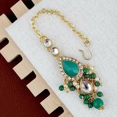LUCKY JEWELLERY Gold Plated White Light Green Color Tika Earring Necklace Combo Kundan Jewellery Set - HalfPe