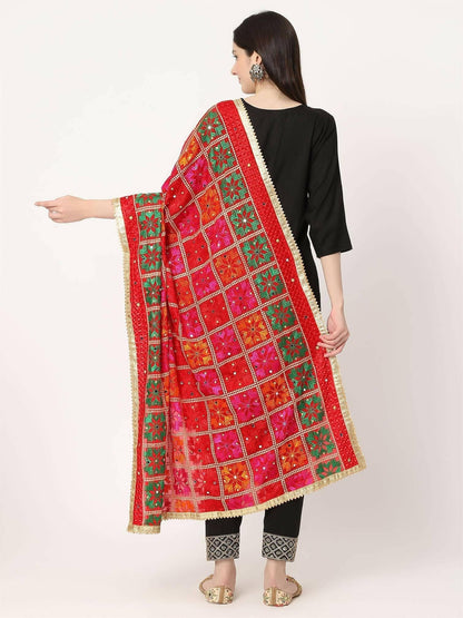 Red Multicolour Embroidery Phulkari Dupatta with Mirror Work - HalfPe