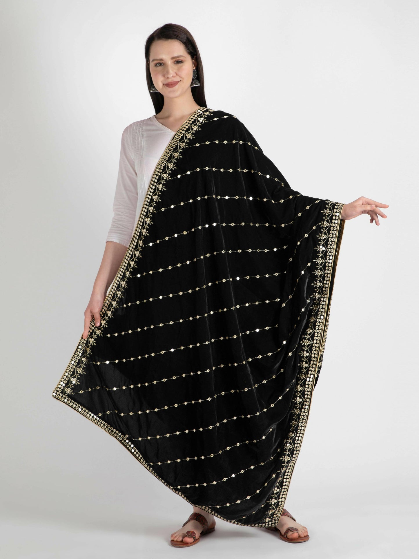 Black Embroidered Velvet Shawl Dupatta - HalfPe