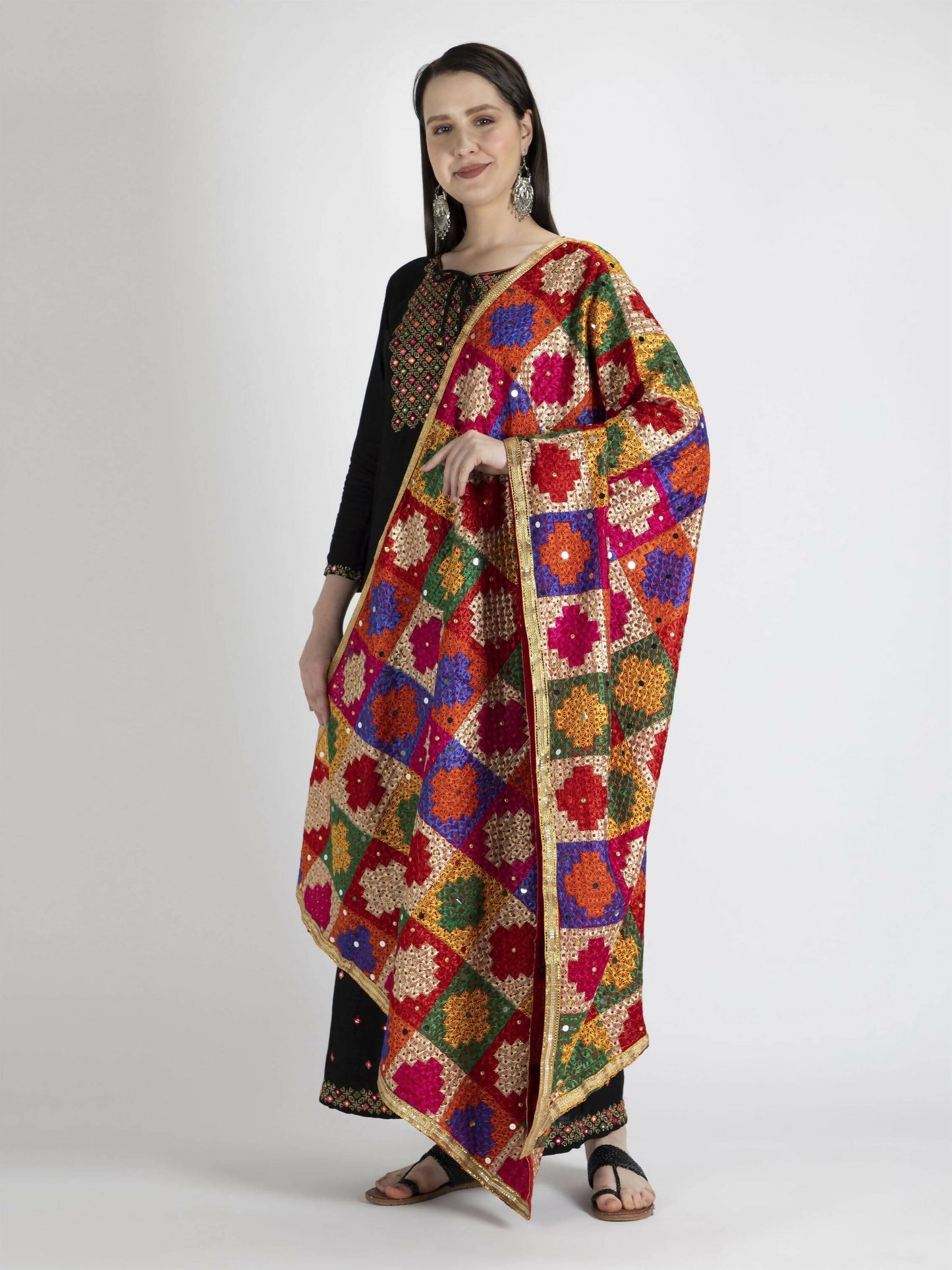 Phulkari Dupatta with Mirror Work(Multicolour square designs) - HalfPe