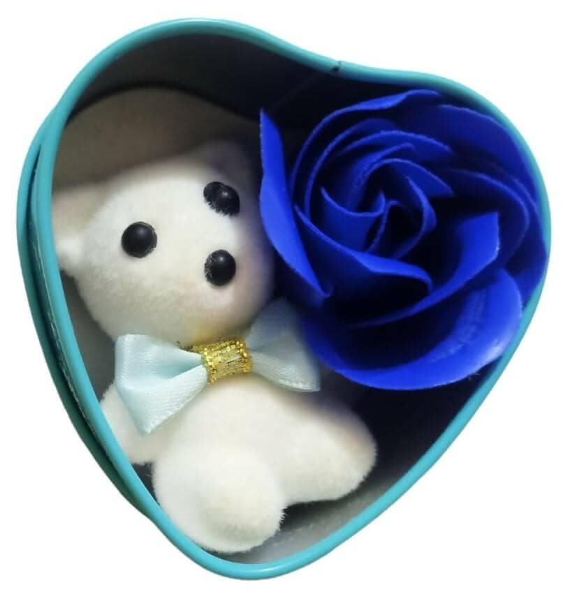 Gift Box for Valentine's Day or Anniversary with Small Teddy and Rose Turquoise color( Size 7 CM) - HalfPe