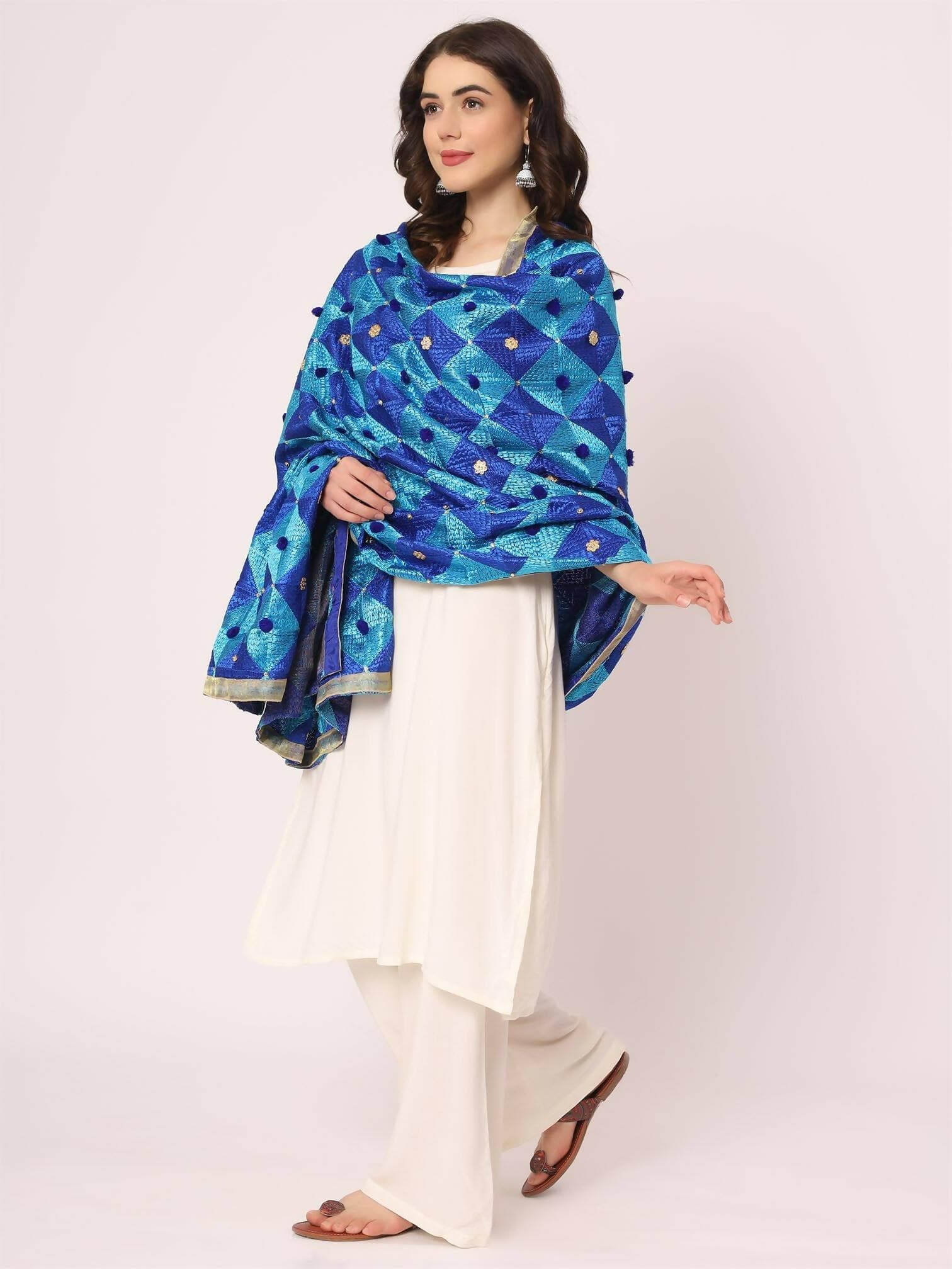 Royal Blue Embroidery Phulkari Dupatta - HalfPe