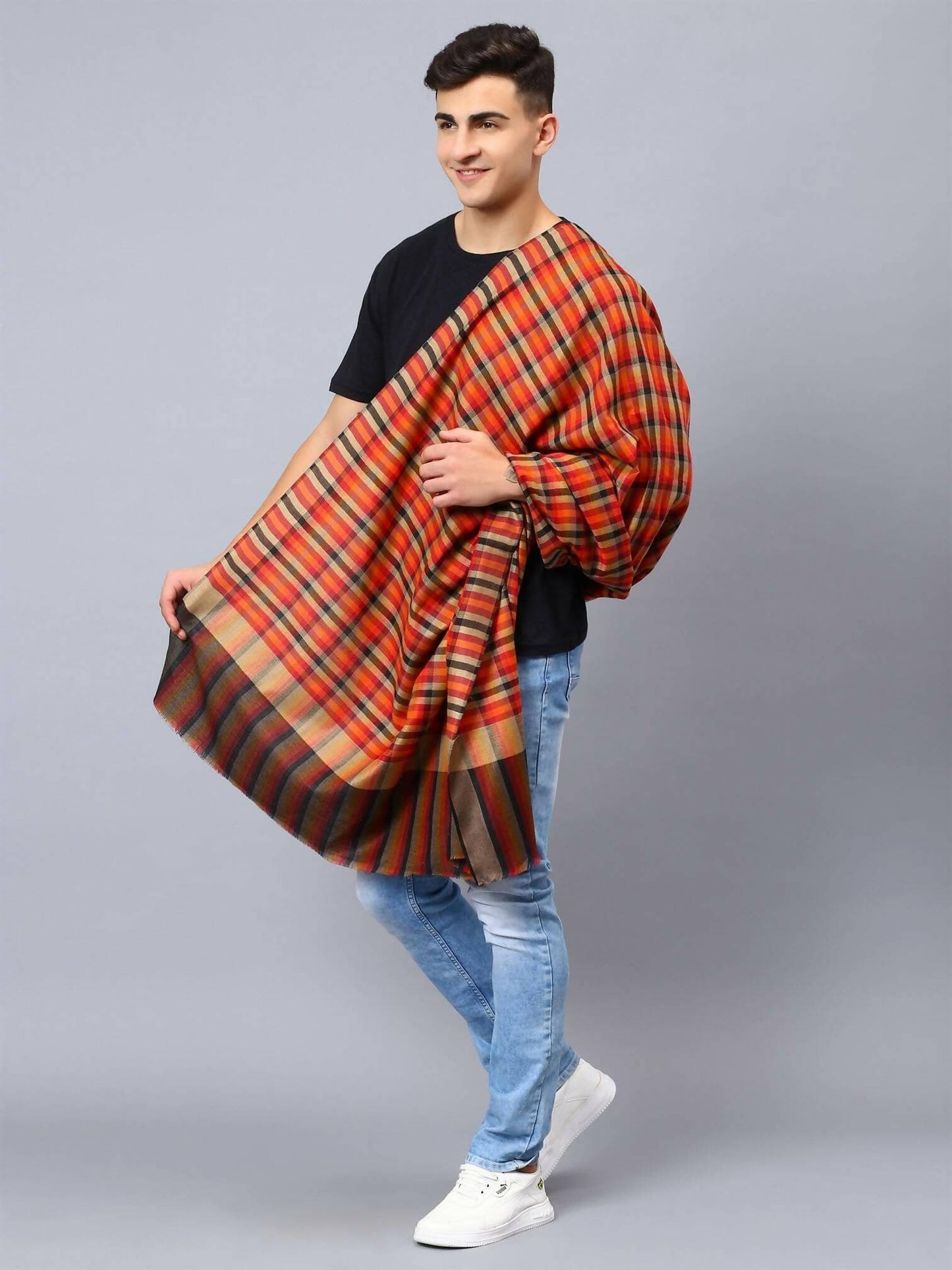 Stylish Check Shawl For men (Orange) - HalfPe