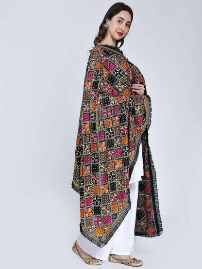 Multicolour Phulkari Dupatta - Magenta with mirror work ( Black Orange) - HalfPe