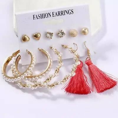 Pinapes Latest Stylish Combo Design Pairs Metal Earrings With Red Threads - HalfPe