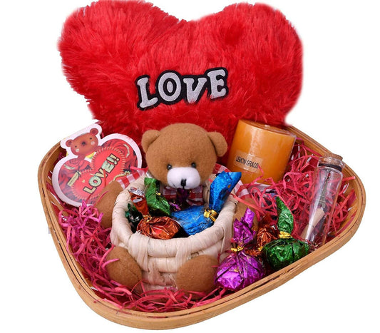 MANTOUSS Special Valentine Day Gift Hamper/Basket-Decorated basket+Soft Teddy Bear Basket filled with chocolates+Scented aromatic candle+Fur Love Heart+Love Message bottle+Valentines Day Greeting Card - HalfPe