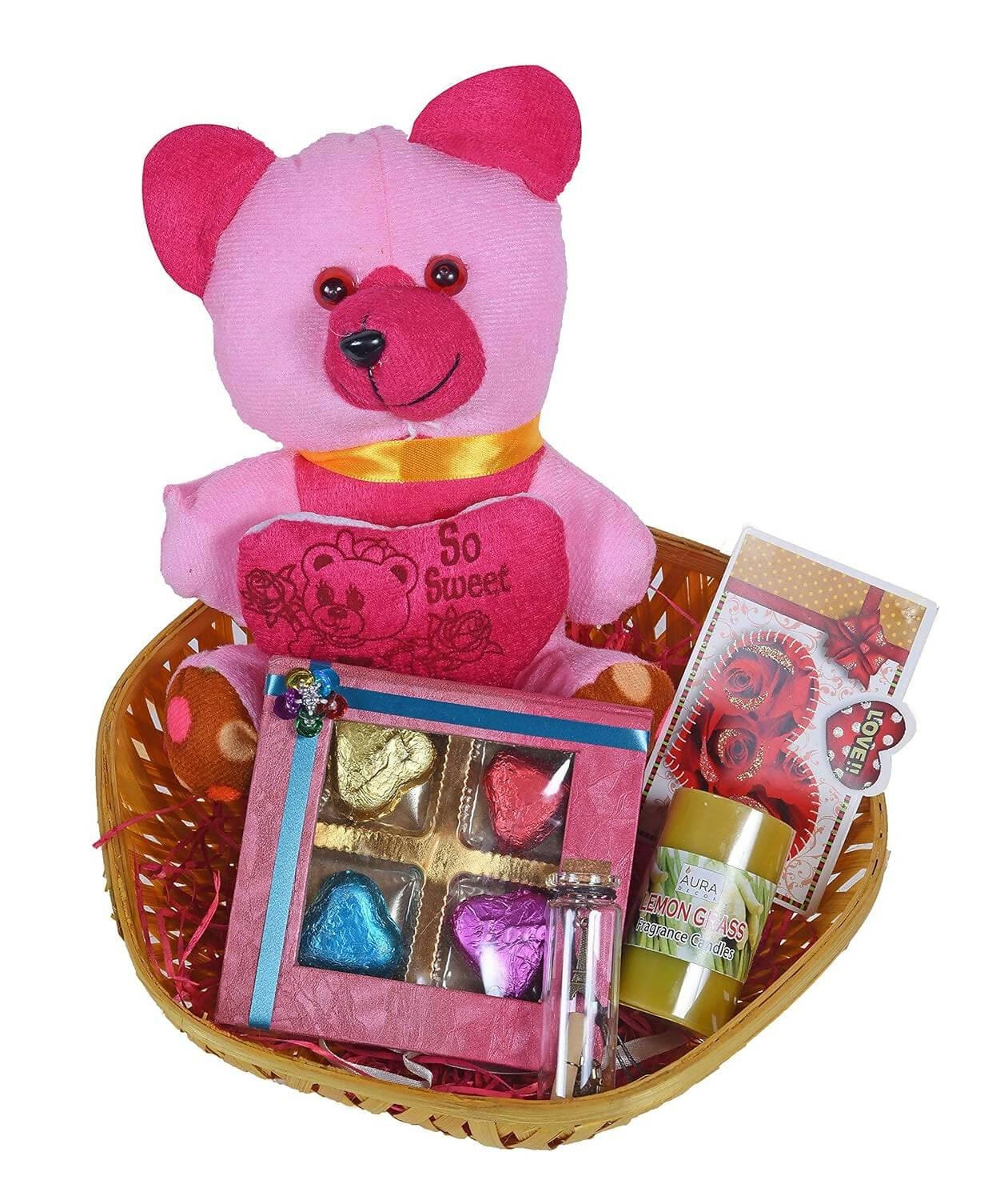 MANTOUSS Valentines Day Gift for Girlfriend/Boyfriend/Husband/Wife/finace-Beautiful Basket+Chocolates in a Decorated Box+Cute Teddy Bear+Message Bottle+Scented Candle+Valentines Day Card - HalfPe