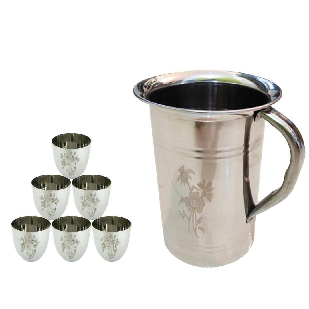 SHINI LIFESTYLE Steel Floral Design Jug and 6pc Premium Floral Glass, Steel jug Glass (Set of 6) - HalfPe