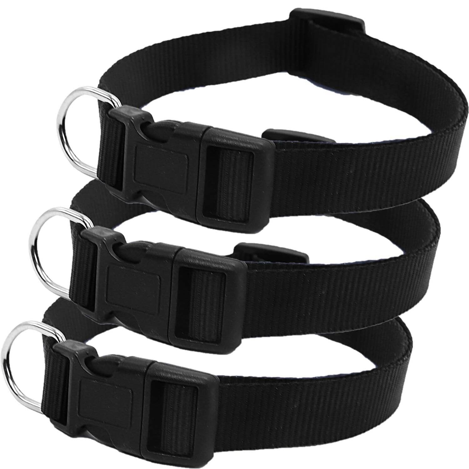 Squif Adjustable Nylon Dog Neck Collar with Safety Buckle, Metal D-Ring to Attach Leash| Dog Neck Belt (Black) | Size - M (Pack of 3) - HalfPe