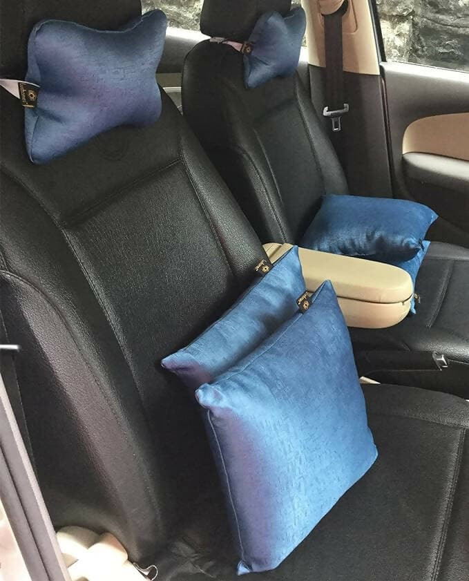 Lushomes car pillows and cushions, Textured Blue car pillow, cushion for car, pillows for car, car pillow set of 6, car cushion set(4 pc Cushions-12 x 12 inches & 2 pcs Neck Rest Pillow 6x10 inches) - HalfPe