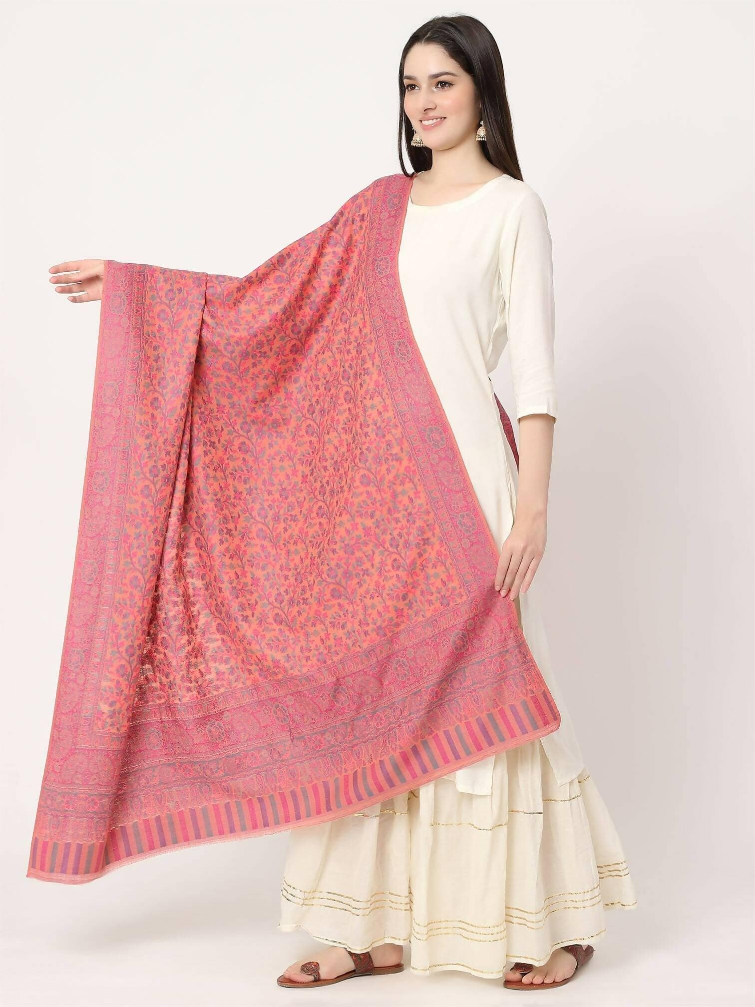 Peach Fine Wool Kani Multiweave Shawl for women - HalfPe