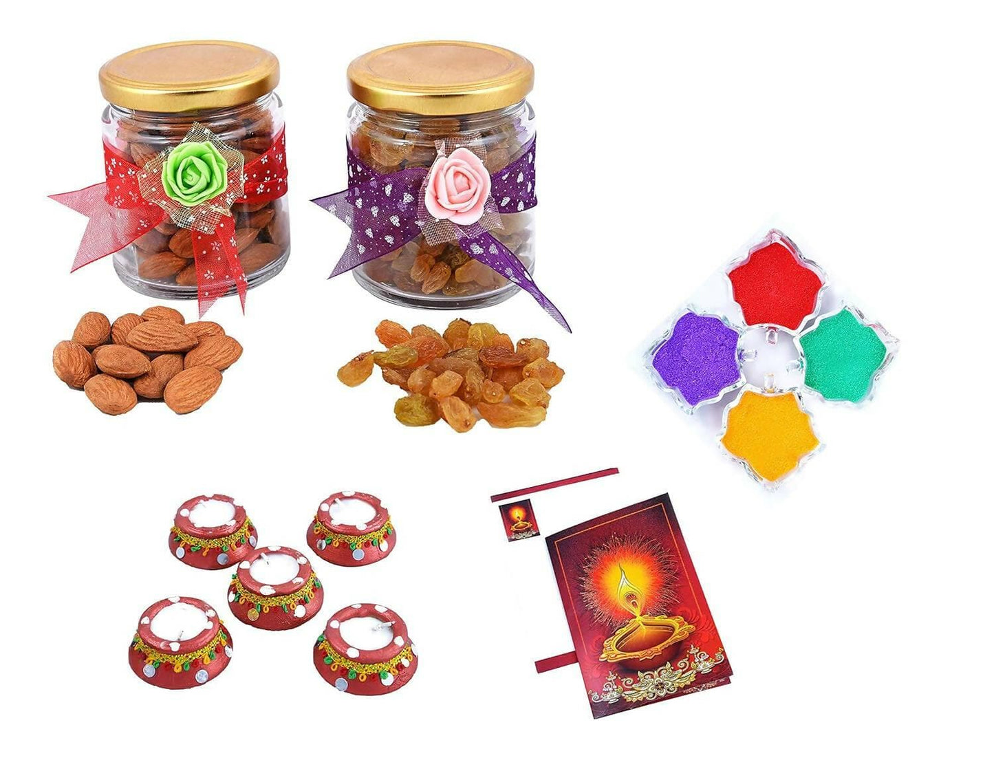 MANTOUSS Diwali Dry Fruit Decorative Glass Jar-Almond and Raisin(100gms Each),200 GMS + 2 Matki Wax Filled Diya, Diwali Greeting Card and Rangoli Colours - HalfPe