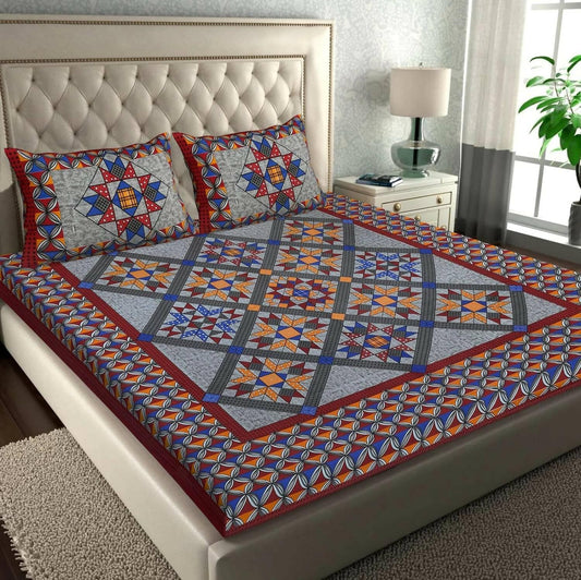 Jaipuri Grey Geomectric Print Double Bedsheet with 2 Pillow Cover - HalfPe