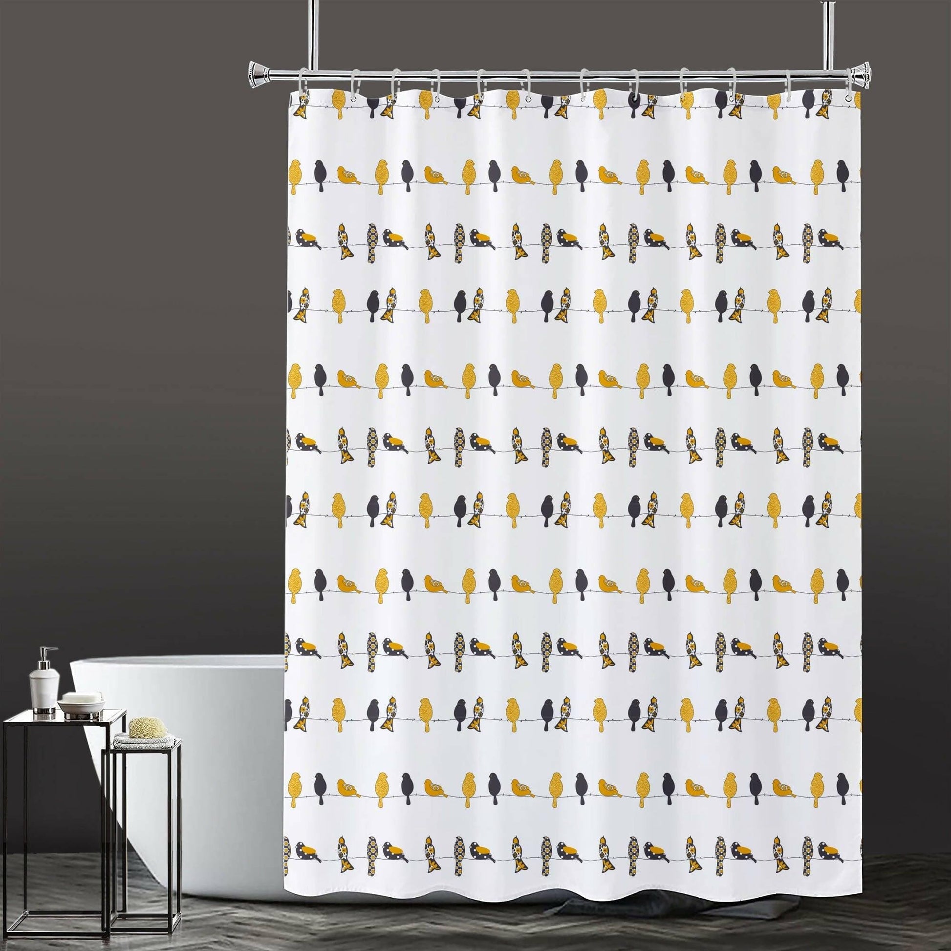 Lushomes Bathroom Shower Curtain with 12 Hooks and 12 Eyelets, Printed Bird Bathtub Curtain, Non-PVC, Water-repellent bathroom Accessories, Yellow, 6 Ft H x 6.5 FT W (72 Inch x 80 Inch) - HalfPe