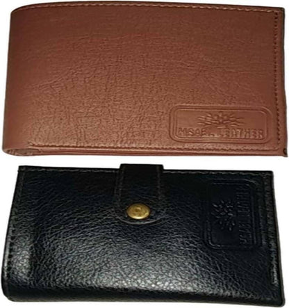 Men Tan, Black Genuine Leather, Artificial Leather Wallet - Mini (30 Card Slots, Pack of 2) - HalfPe