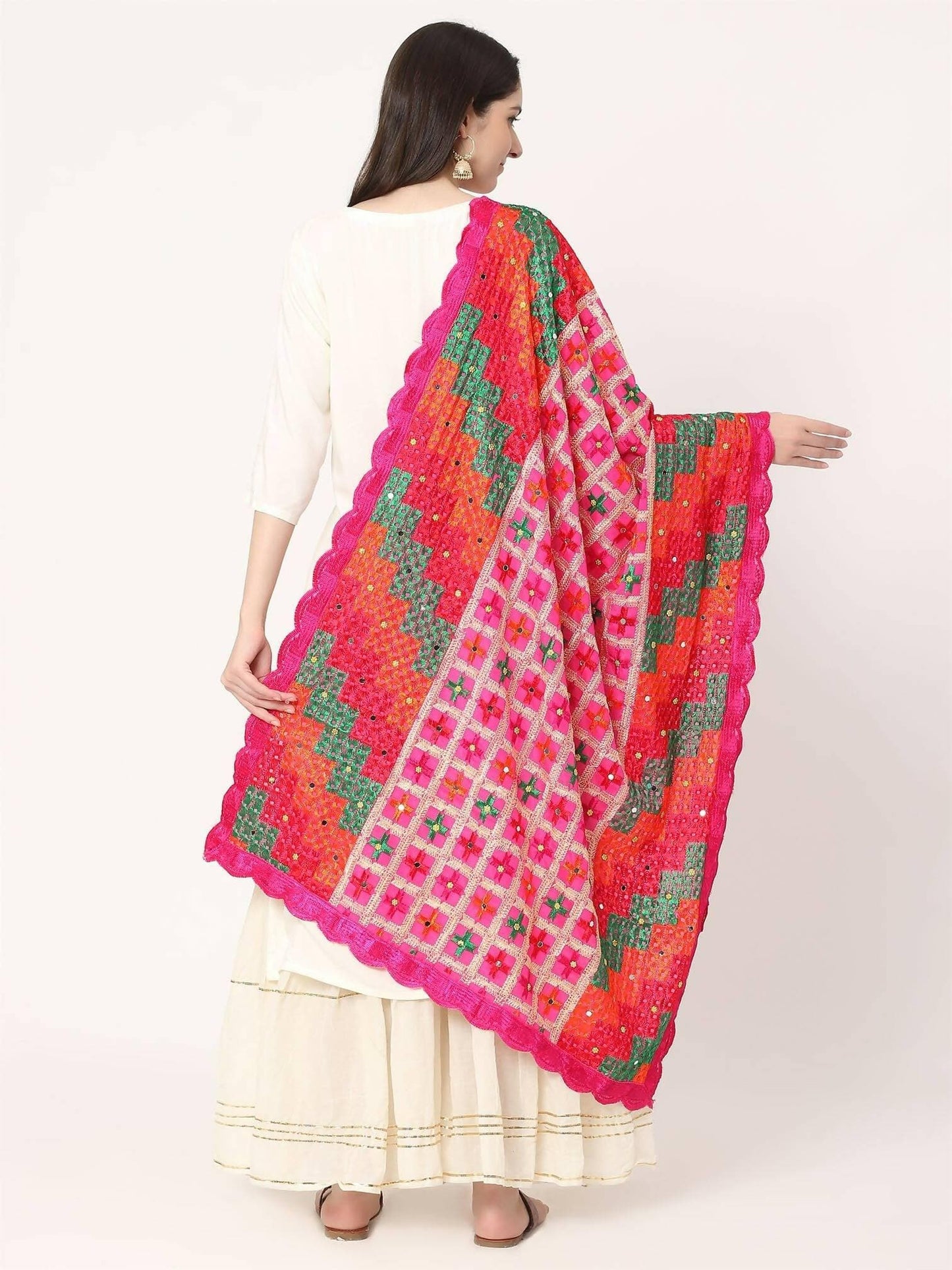 Magenta Embroidery Multicolour Phulkari Dupatta With Beads - HalfPe