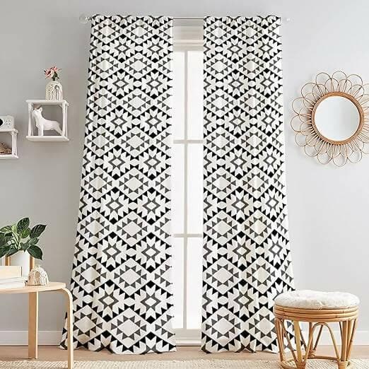 Lushomes curtains 9 feet long set of 2, door curtain, curtains for living room, Semi sheer curtains for door 9 feet, rod pocket curtains (Pack of 2, 57x108 Inch,Black Grey Geomertic) - HalfPe