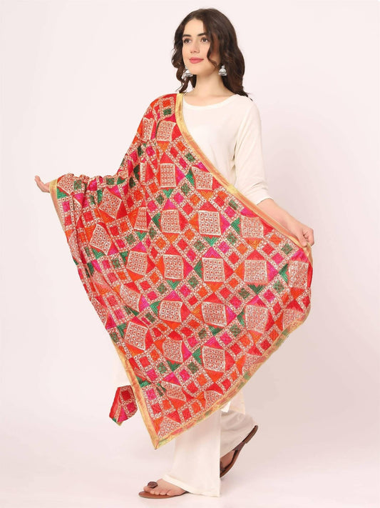 Red Multicolour Embroidery Phulkari Dupatta - HalfPe