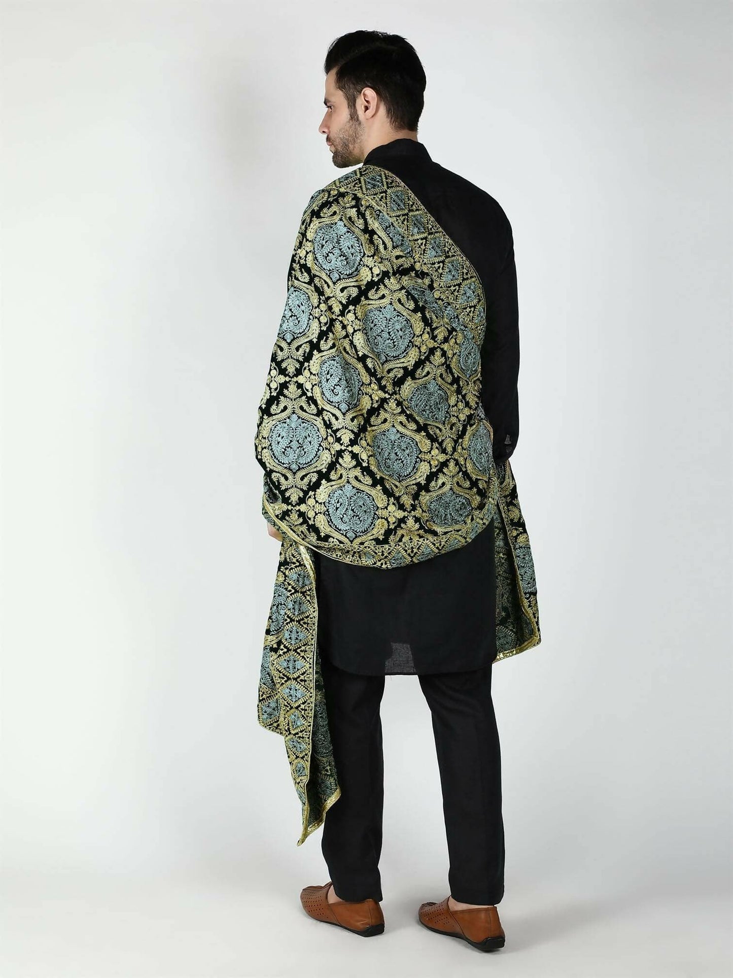 Moda Chales Men's Velvet Shawl (Green, Silver ,Gold ) - HalfPe