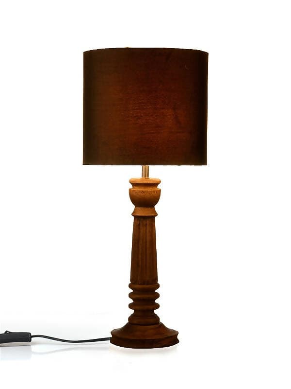 Green Girgit Pillar Brown Lamp With Black Cotton Shade - HalfPe