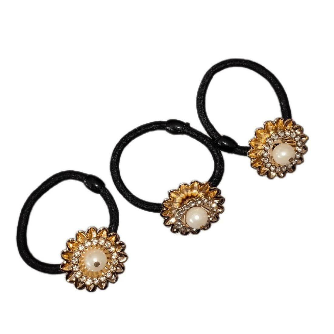 SENECIO Black Lotus Lily Bloom Flower Beaded Crystal Rhinestone Studded Rubber Band Hair Tie Scrunchies (Pack of 3, 2 sets) - HalfPe