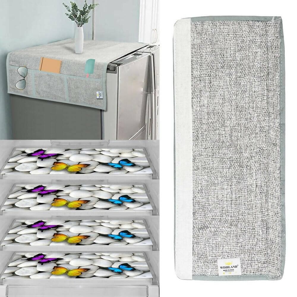 WISHLAND 1 Pc Fridge Cover for Top with 6 Pockets + 1 Handle Cover + 3 Fridge Mats( Fridge Cover Combo Set of 5 Pcs) - HalfPe