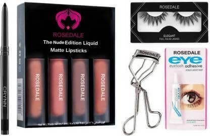 Crynn Smudge Proof HDA64 Makeup Beauty Kajal & Rosedale Edition Set of 4 Liquid Matte Lipstick & False Eyelash Pair & Eyelash Glue & Eyelash Curler - HalfPe