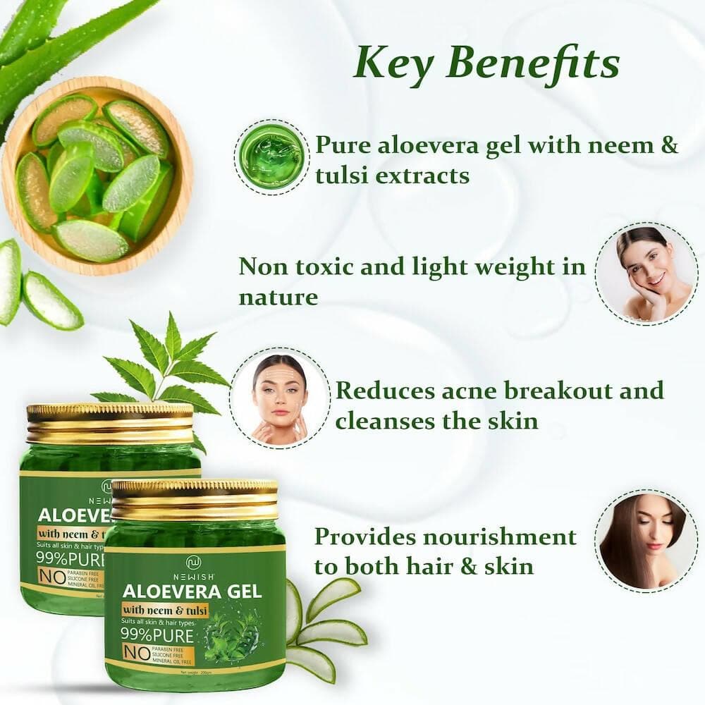 NEWISH Aloe vera Pure Neem And Tulsi Gel For Skin, Hair And Body (400GM) - HalfPe